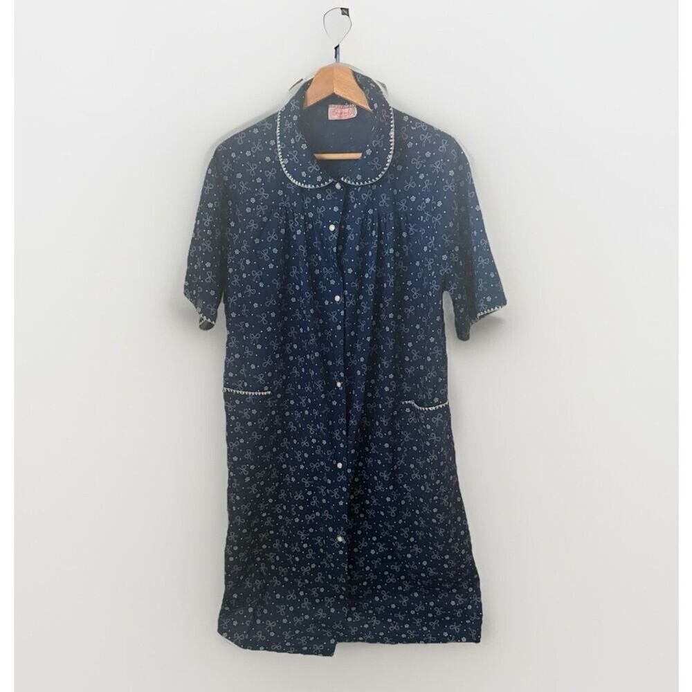 Vintage Heather Collection Robe Lg Blue Muu Muu Housecoat Floral Snaps Grandma